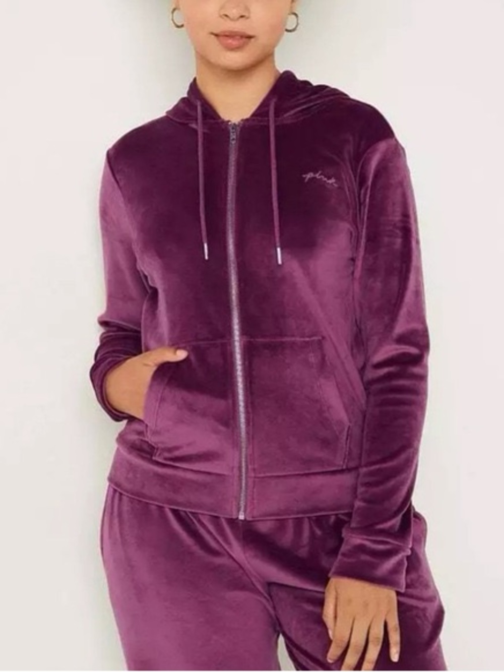 Victoria's Secret PINK Velvet Velour Tracksuit Jacket and Pants in Purple M/L - Picture 2 of 10